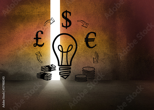 Photo: Light bulb and money in dark room Light bulb and money in dark room