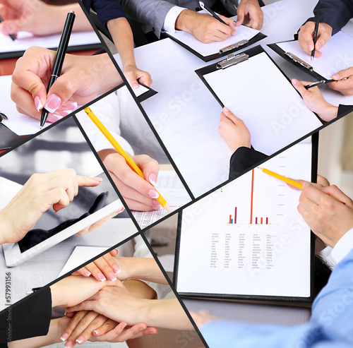 Photo: Collage of business people hands in different situations Collage of business people hands in different situations