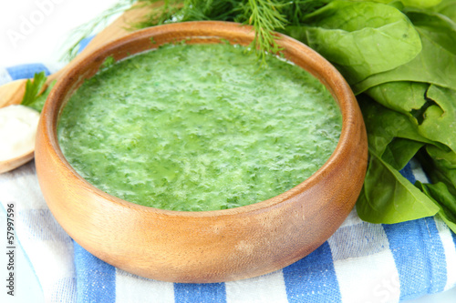 Photo: Tasty spinach soup, close up Tasty spinach soup, close up