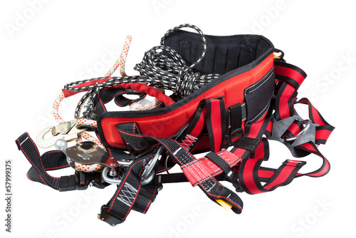 Photo: ndustrial safety belt and rope on a white background ndustrial safety belt and rope on a white background
