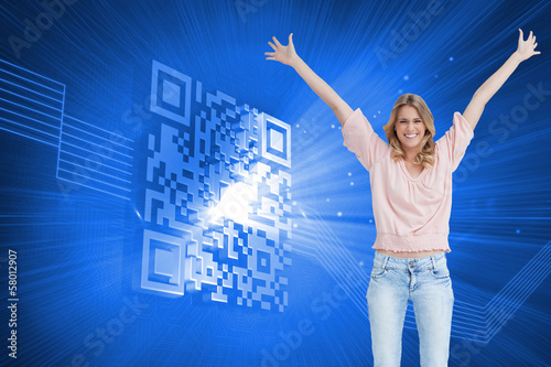 Photo: Composite image of full length shot of a smiling woman with her Composite image of full length shot of a smiling woman with her