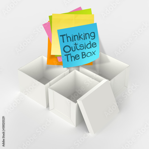 Photo: thinking outside the box on crumpled sticky note paper as concep thinking outside the box on crumpled sticky note paper as concep