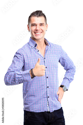 Photo: Happy man with thumbs up gesture, isolated on white Happy man with thumbs up gesture, isolated on white