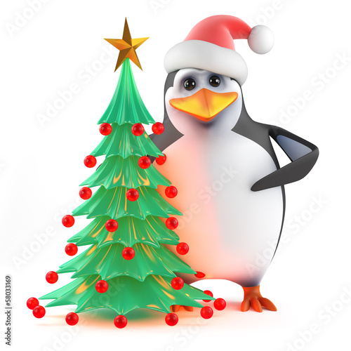 Illustration: Santa Claus Penguin with his Christmas tree Santa Claus Penguin with his Christmas tree