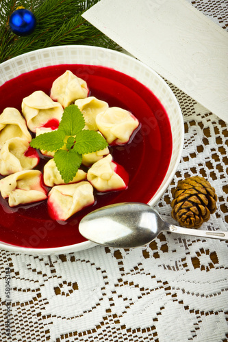 Photo: Traditional Christmas borscht with mushrooms filled in dumplings Traditional Christmas borscht with mushrooms filled in dumplings