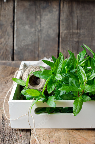 Photo: Fresh mint on a wooden background Fresh mint on a wooden background