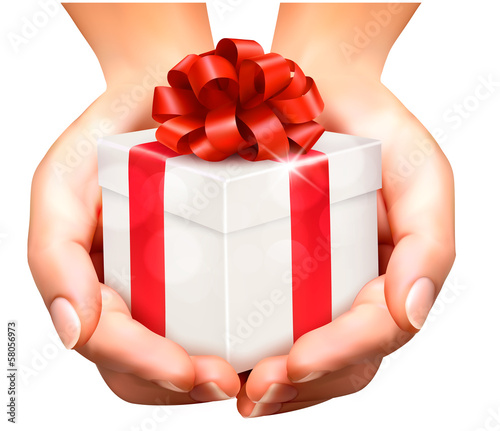 Vector: Holiday background with hands holding gift boxes. Concept of giv Holiday background with hands holding gift boxes. Concept of giv