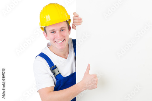 Photo: Bauarbeiter mit Werbetafel Bauarbeiter mit Werbetafel