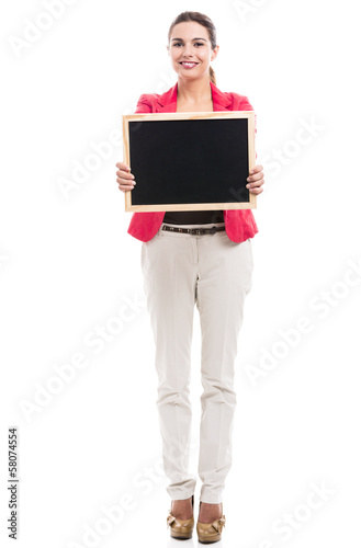 Photo: Business woman holding a shalk board Business woman holding a shalk board