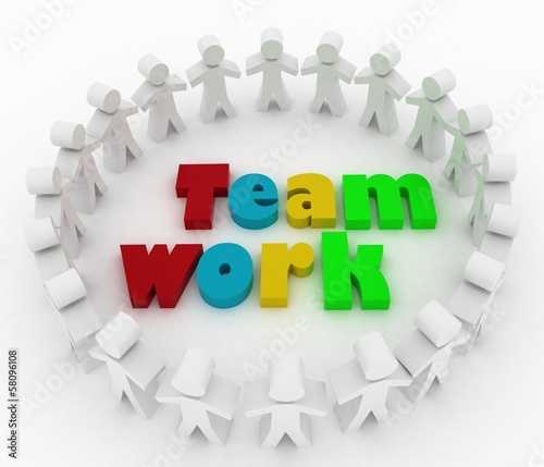 Illustration: People stand around a word teamwork People stand around a word teamwork