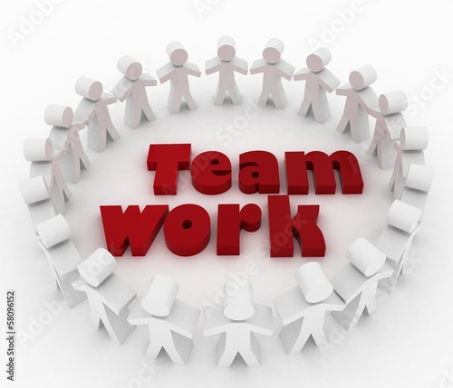 Illustration: People stand around a word teamwork. People stand around a word teamwork.