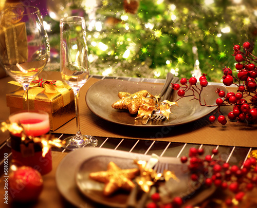 Photo: Christmas And New Year Holiday Table Setting. Celebration Christmas And New Year Holiday Table Setting. Celebration