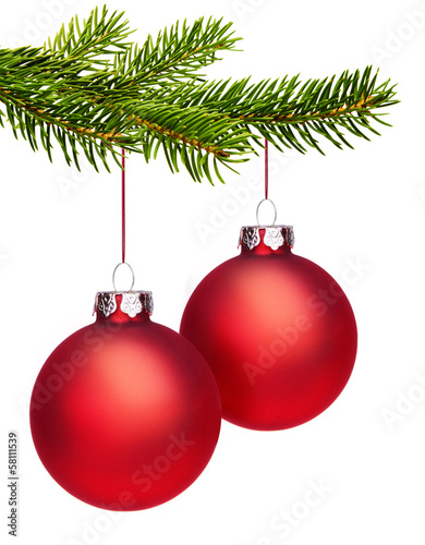 Photo: Rote Weihnachtskugeln mit Tannenzweig Rote Weihnachtskugeln mit Tannenzweig