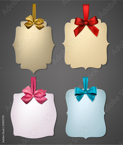 Vector: Paper gift cards with color satin bows. Paper gift cards with color satin bows.