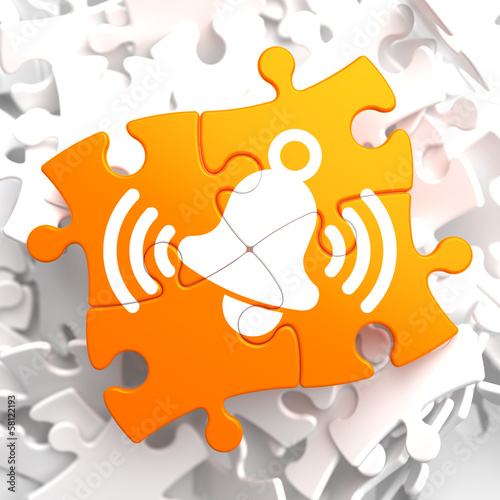 Illustration: Ringing White Bell Icon on Orange Puzzle. Ringing White Bell Icon on Orange Puzzle.