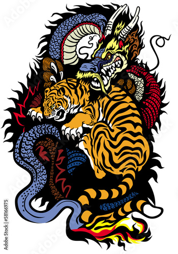 Vector: dragon and tiger fighting dragon and tiger fighting