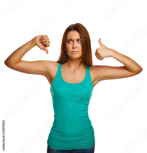 girl woman shows signs <em>yes and no</em>, hand finge