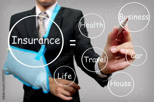 Photo: young businessman with broken hand wearing an arm brace, series young businessman with broken hand wearing an arm brace, series