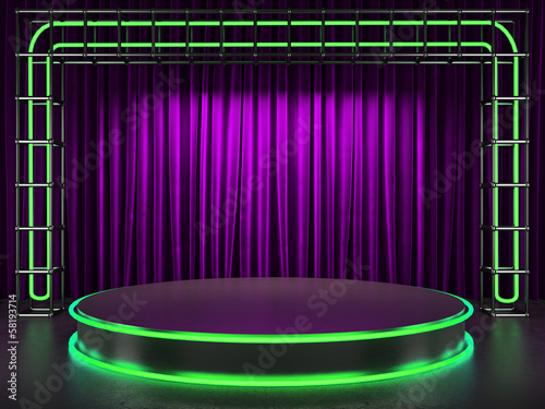 Illustration: fabrick curtain on stage with neon fabrick curtain on stage with neon
