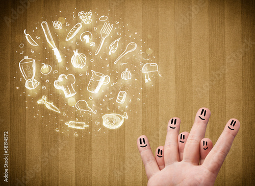 Photo: Cheerful finger smileys with food and kitchen hand drawn icons Cheerful finger smileys with food and kitchen hand drawn icons