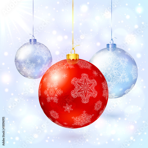 Vector: Red vector glass Christmas balls with snowflakes Red vector glass Christmas balls with snowflakes