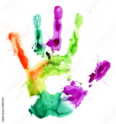 Photo: Close up of colored hand print on white Close up of colored hand print on white