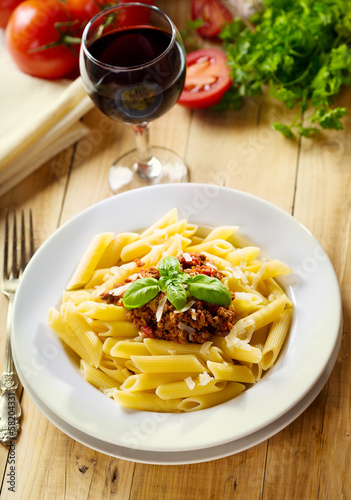 Photo: penne pasta with bolognese sauce penne pasta with bolognese sauce