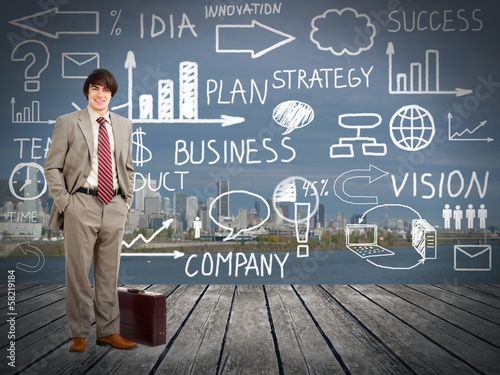 Photo: Businessman standingnear Innovation plan. Businessman standingnear Innovation plan.