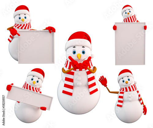 Illustration: Snowman in various action with sign Snowman in various action with sign