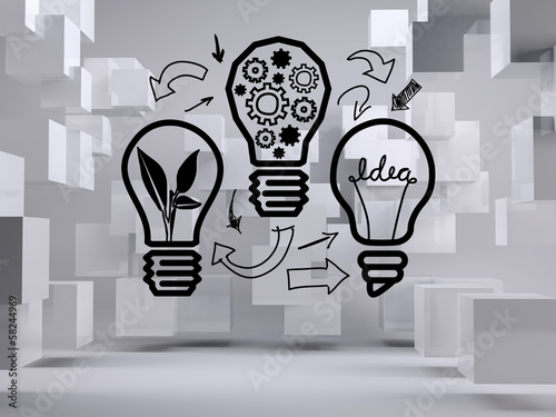 Illustration: Light bulbs on background with cubes Light bulbs on background with cubes