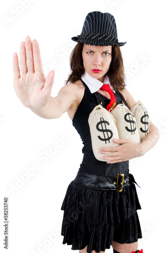 Photo: Woman gangster with money sacks on white Woman gangster with money sacks on white
