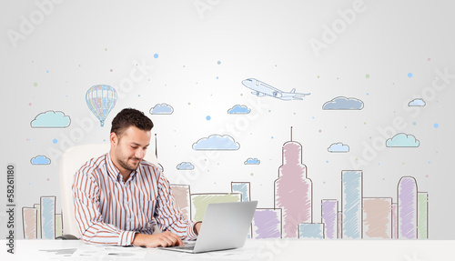 Photo: Attractive businessman with city sky-scape background Attractive businessman with city sky-scape background