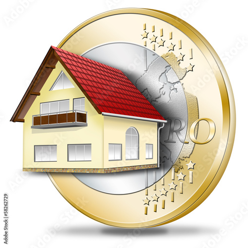Illustration: Haus mit Euromünze. Hausfinanzierung, Fördermittel Haus mit Euromünze. Hausfinanzierung, Fördermittel