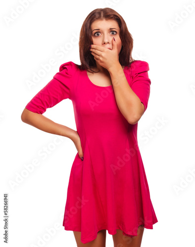 Photo: woman surprised terrified experiences fear covered her mouth wit woman surprised terrified experiences fear covered her mouth wit