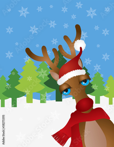 Vector: Reindeer with Santa Hat Snow Scene Vector Illustration Reindeer with Santa Hat Snow Scene Vector Illustration