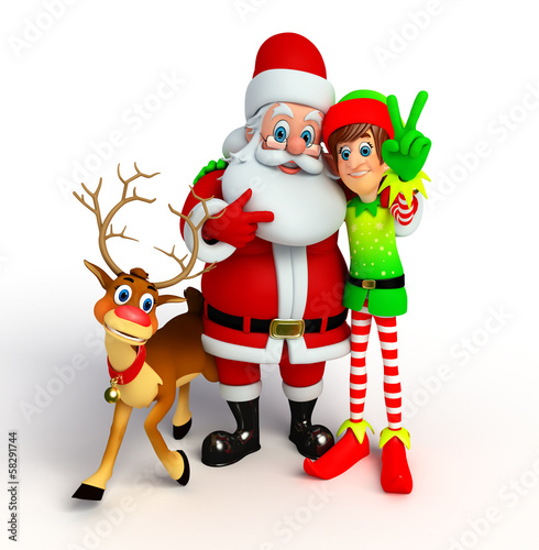 Illustration: Santa claus with elves and reindeer Santa claus with elves and reindeer
