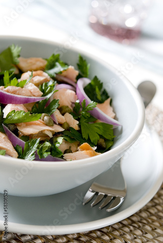 Photo: salmon salad with parsley, capers and red onions. salmon salad with parsley, capers and red onions.