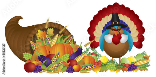 Vector: Cornucopia with Bountiful Harvest and Pilgrim Turkey Cornucopia with Bountiful Harvest and Pilgrim Turkey