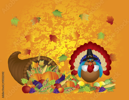 Vector: Thanksgiving Day Feast Cornucopia Turkey Pilgrim with Background Thanksgiving Day Feast Cornucopia Turkey Pilgrim with Background