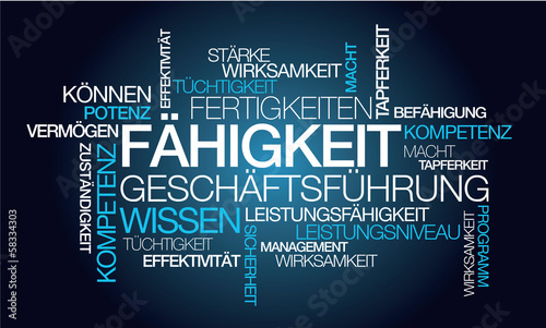 Illustration: Fähigkeit Geschäftsführung Wissen blau tag cloud Worte Fähigkeit Geschäftsführung Wissen blau tag cloud Worte