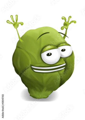 Illustration: Happy brussels sprouts cartoon character, smiling, waving. Happy brussels sprouts cartoon character, smiling, waving.