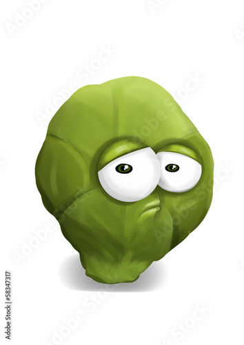 Illustration: Sad green brussels sprouts cartoon, a disappointed character. Sad green brussels sprouts cartoon, a disappointed character.