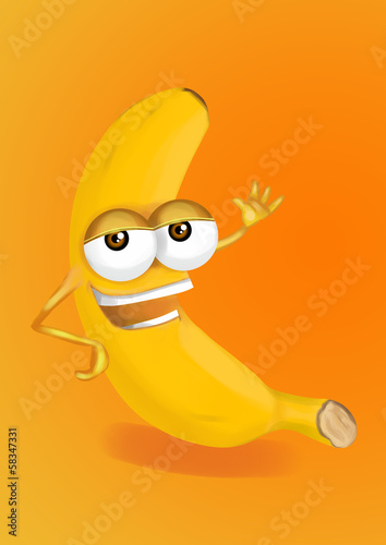 Illustration: Happy banana cartoon character, smiling and waving hand. Happy banana cartoon character, smiling and waving hand.