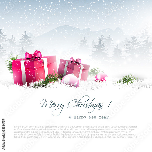 Vector: Christmas winter landscape with pink gift boxes and copyspace Christmas winter landscape with pink gift boxes and copyspace