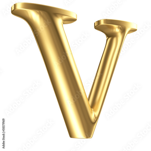 Illustration: Golden matt letter V in perspective, jewellery font collection Golden matt letter V in perspective, jewellery font collection