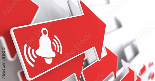 Illustration: Ringing White Bell Icon on Red Arrow. Ringing White Bell Icon on Red Arrow.