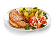 Grilled steak, boiled potatoes and vegetable salad Grilled steak, boiled potatoes and vegetable salad