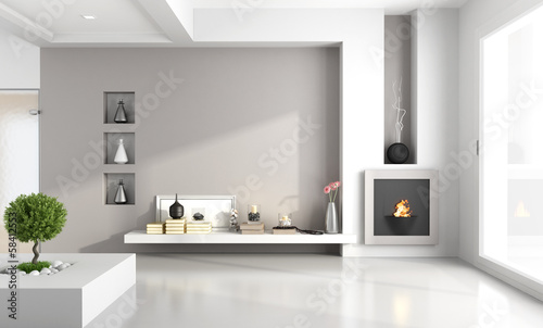 Illustration: Minimalist living room with fireplace Minimalist living room with fireplace