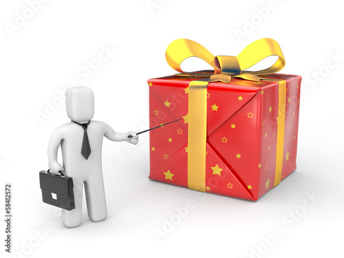 Illustration: Businessman pointing to gift Businessman pointing to gift