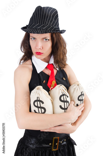 Photo: Woman gangster with money sacks on white Woman gangster with money sacks on white